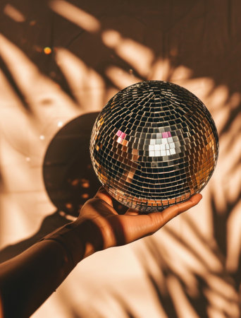 a hand holds a mirror ball in the shadow.の素材