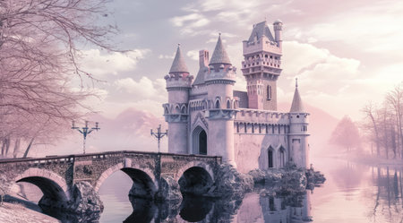 a pink castle next to water.の素材