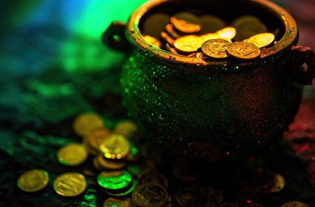 a pot of coins with a rainbow thrown on it.の素材