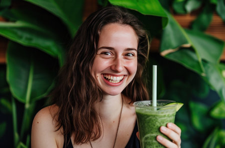 a girl holding an organic drink.の素材