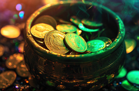 a pot of coins with a rainbow thrown on it.の素材