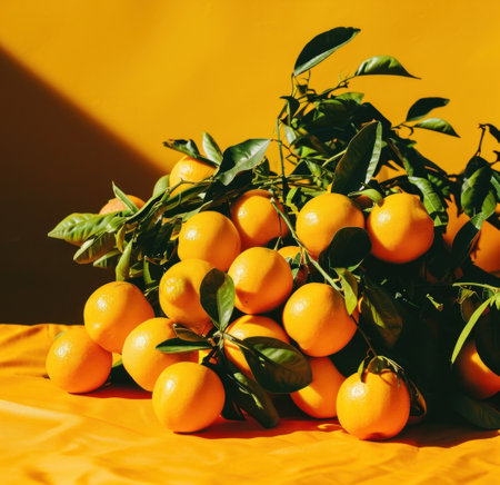 a large bouquet of oranges set on a bright yellow background.の素材