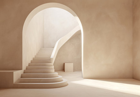 a room with one arched entryway and a long white staircase.の素材