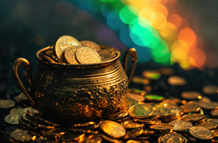 a pot of coins with a rainbow thrown on it.の素材