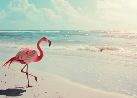 a pink flamingo on a sandy beach.の素材