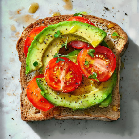a toast with avocado and tomatoes on it.の素材
