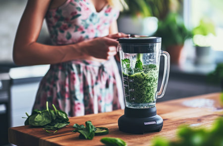 a woman standing in front of a blender that is blending greens.の素材