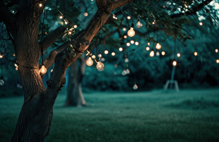 a tree in a grassy area with several lights hanging down.の素材