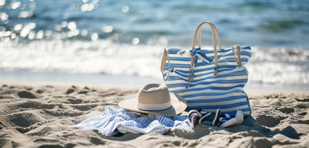 beach bag with shoes and accessories on the beach.の素材