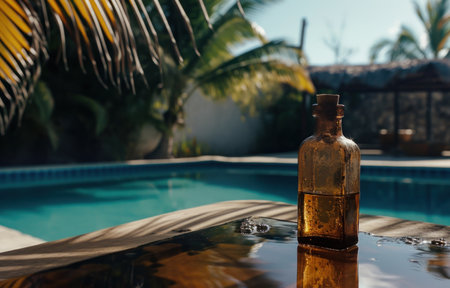 an essence bottle by a pool near a beach.の素材
