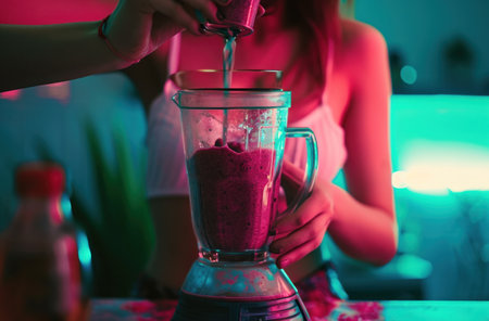 person mixing smoothies and green drink in blender.の素材