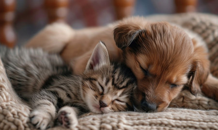 small puppies and kittens cuddlingの素材