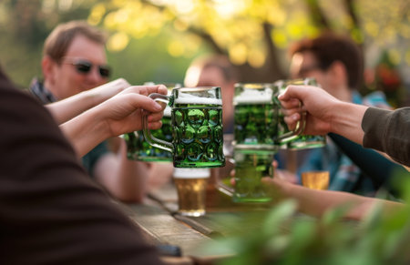 several people are drinking beers holding up green mugs.の素材