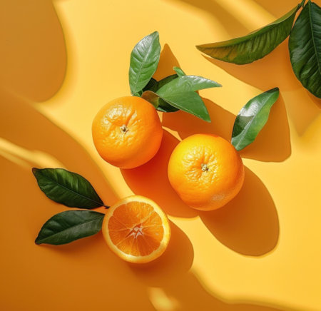 oranges with leaves on a yellow background.の素材