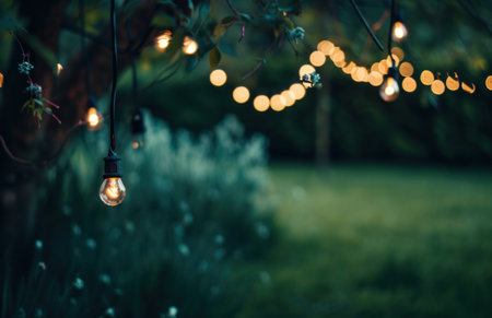 outdoor led string lights hanging over the green grass.の素材