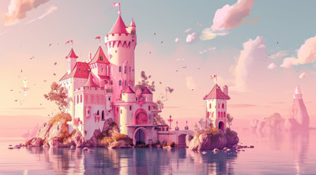 pink castle by the water.の素材