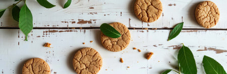 several cookies on white background with scented leaves.の素材