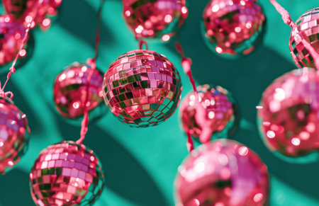 shiny pink disco balls on a green background.の素材