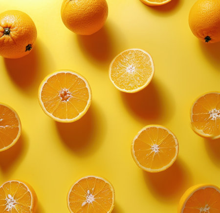some oranges are thrown over yellow background.の素材