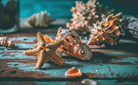 starfish, seashell, coral, shell on a table.の素材