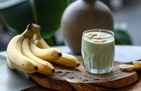 some bananas are sitting on a wooden board.の素材