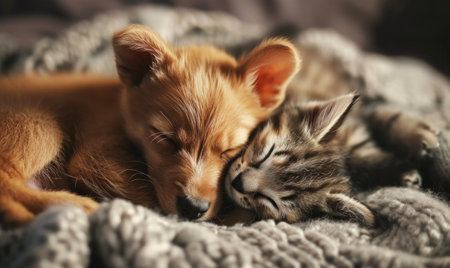 small puppies and kittens cuddlingの素材