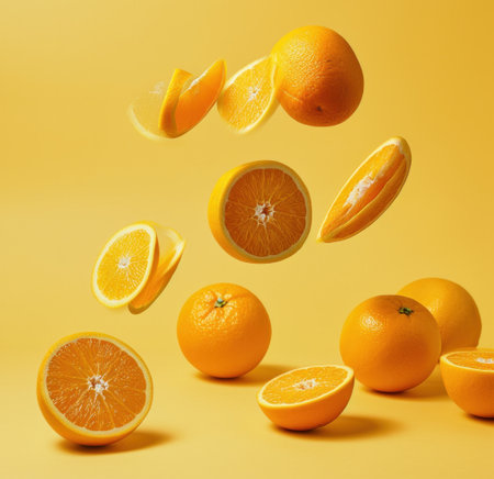 some oranges are thrown over yellow background.の素材