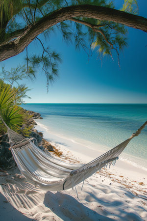 A secluded hammock by the beach, swaying gently in a serene coastal breeze.の素材