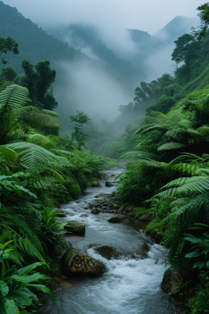A misty morning in the mountains, with a tranquil stream meandering through lush greenery.の素材