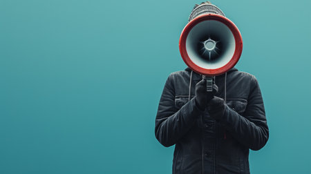 A person's determined voice amplified by a Megaphone, commanding attention.の素材