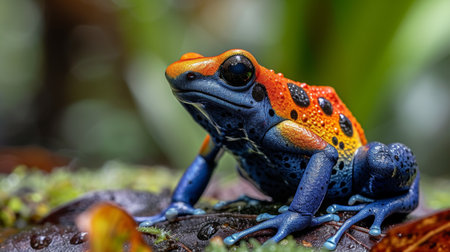A vibrant poison dart frog showcasing its vivid colors in the lush rainforest.の素材