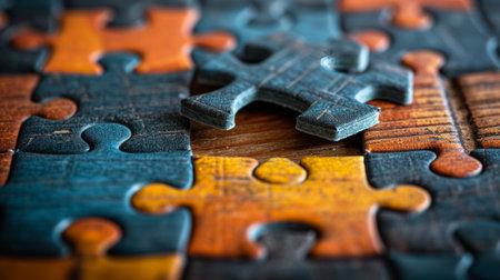 Puzzle pieces on wooden background, business concept. Selective focus. Toned.の素材