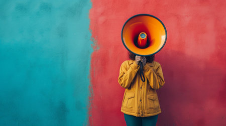 A person's determined voice amplified by a Megaphone, commanding attention.の素材