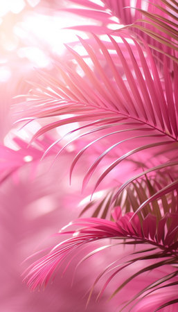 a photo of palm leaves with a background in pink.の素材