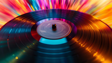 A retro vinyl record spinning amidst a kaleidoscope of vibrant, swirling colors.の素材