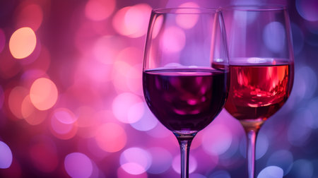 Tantalizing wine glasses with deep red and purple hues, reminiscent of wine tasting.の素材