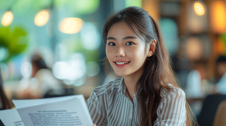 A Young Asian Female Entrepreneur Sharing Physical Documents.の素材