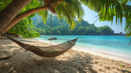 Relaxing in a hammock on a remote, palm-fringed tropical beach.の素材