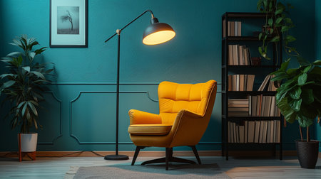 A cozy reading nook with a mid-century modern chair, floor lamp, and a wall-mounted bookshelf.の素材
