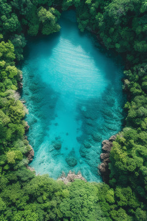 A blend of turquoise waters and lush greenery transports you to a tropical paradise seen from above.の素材