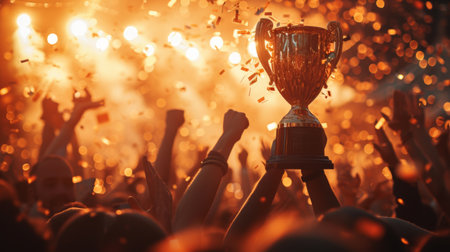 A Crowd Celebrating Victory with a Gold Trophy large copyspace area.の素材