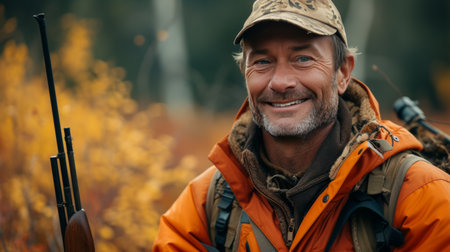 A hunter with his prize, his infectious smile capturing the thrill of the wilderness.の素材