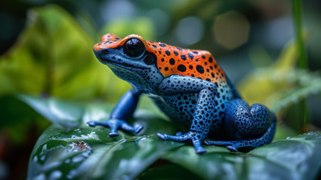 A vibrant poison dart frog showcasing its vivid colors in the lush rainforest.の素材