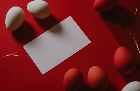 blank blank white card with red and white eggs on red background.の素材