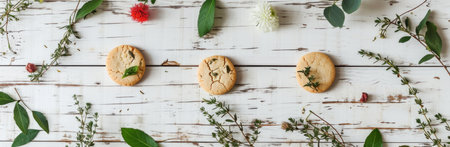 cookies, flowers, herbs and leaves over white wooden background.の素材