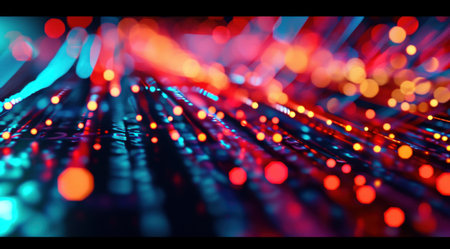 blurred fluorescent lines in red and blue background.の素材