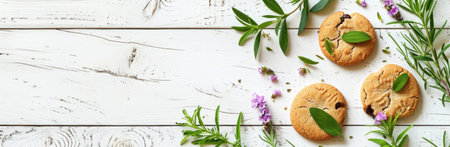 cookies, flowers, herbs and leaves over white wooden background.の素材