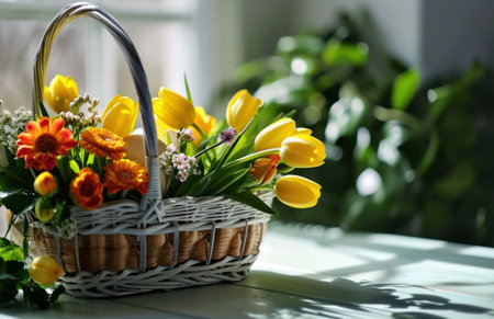 easter baskets with colorful flowers and yellow eggs on white.の素材