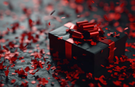 black present box with red ribbon and confetti.の素材