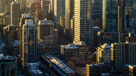 Aerial view of Chicago downtown at sunset, Illinois, USA.の素材